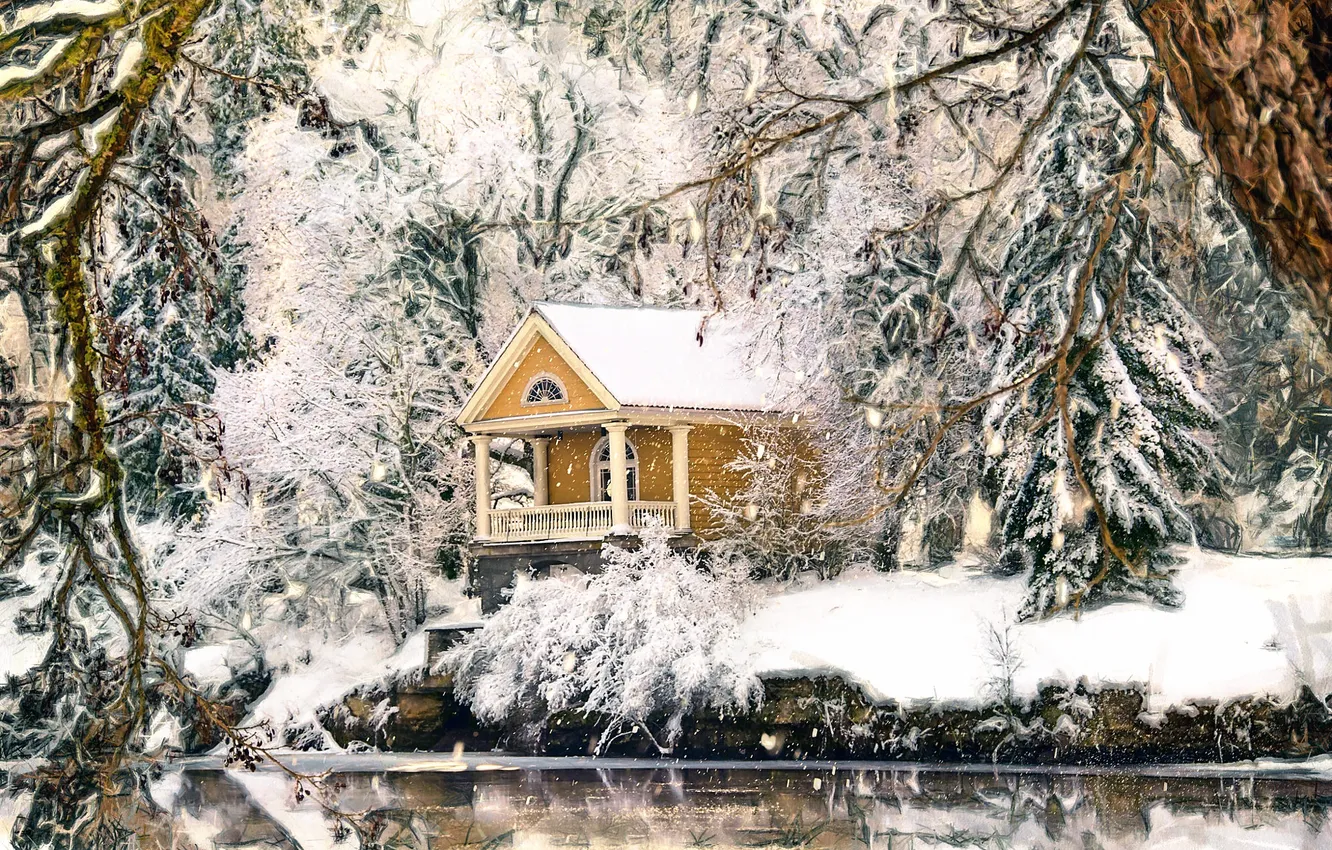 Фото обои снег, деревья, домик