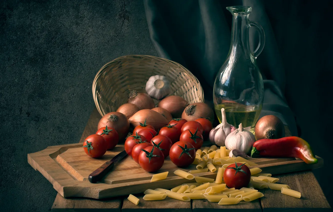 Фото обои лук, нож, доска, перец, помидоры, чеснок, макароны, Buon appetito