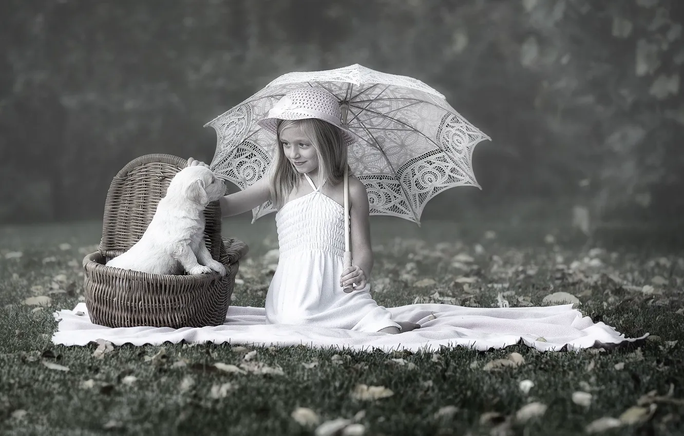 Фото обои зонт, девочка, щенок