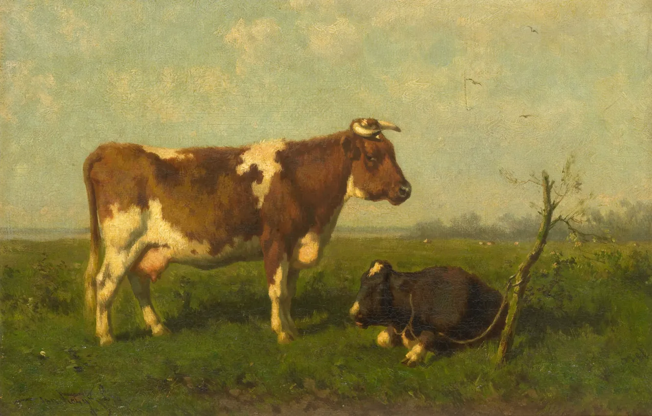 Фото обои масло, холст, 1879, Jan Vrolijk, Корова с Теленком на Лугу