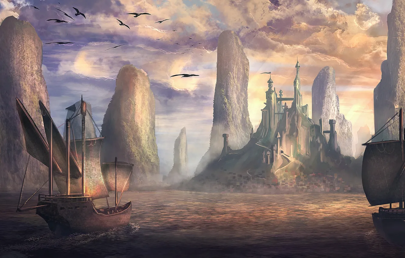 Фото обои море, замок, остров, корабли, фэнтези, арт, fantasy, sea