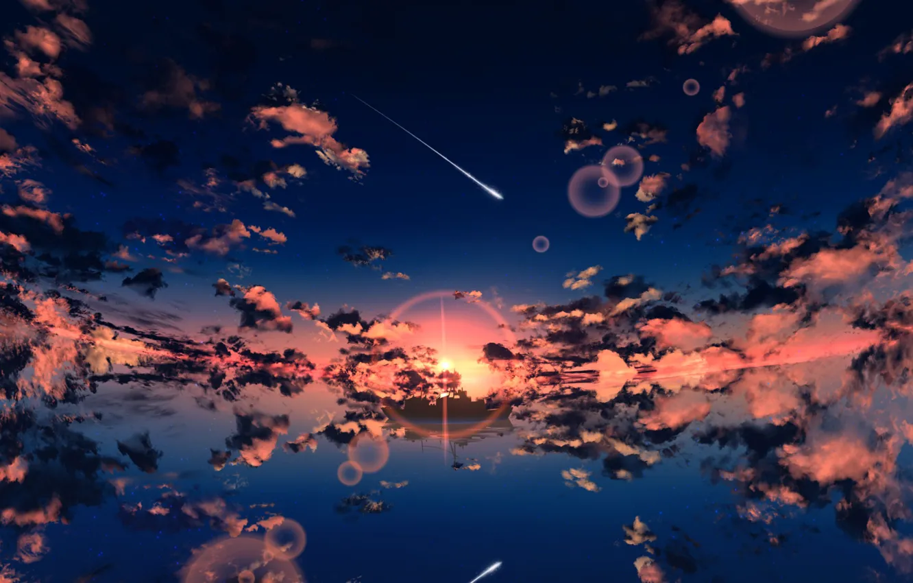 Фото обои небо, озеро, отражение, рассвет, утро, ツチヤ