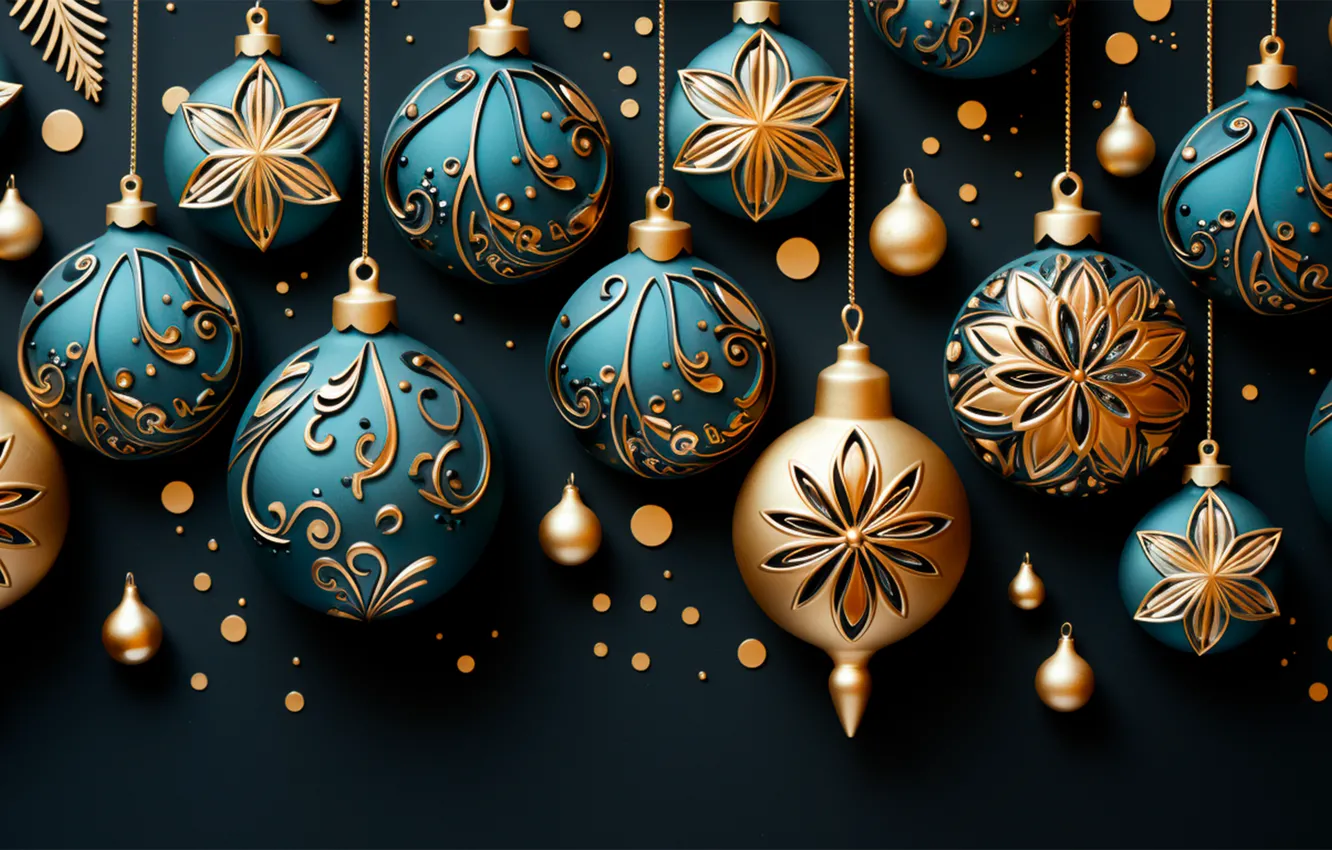 Фото обои украшения, темный фон, шары, Новый Год, Рождество, dark, golden, new year
