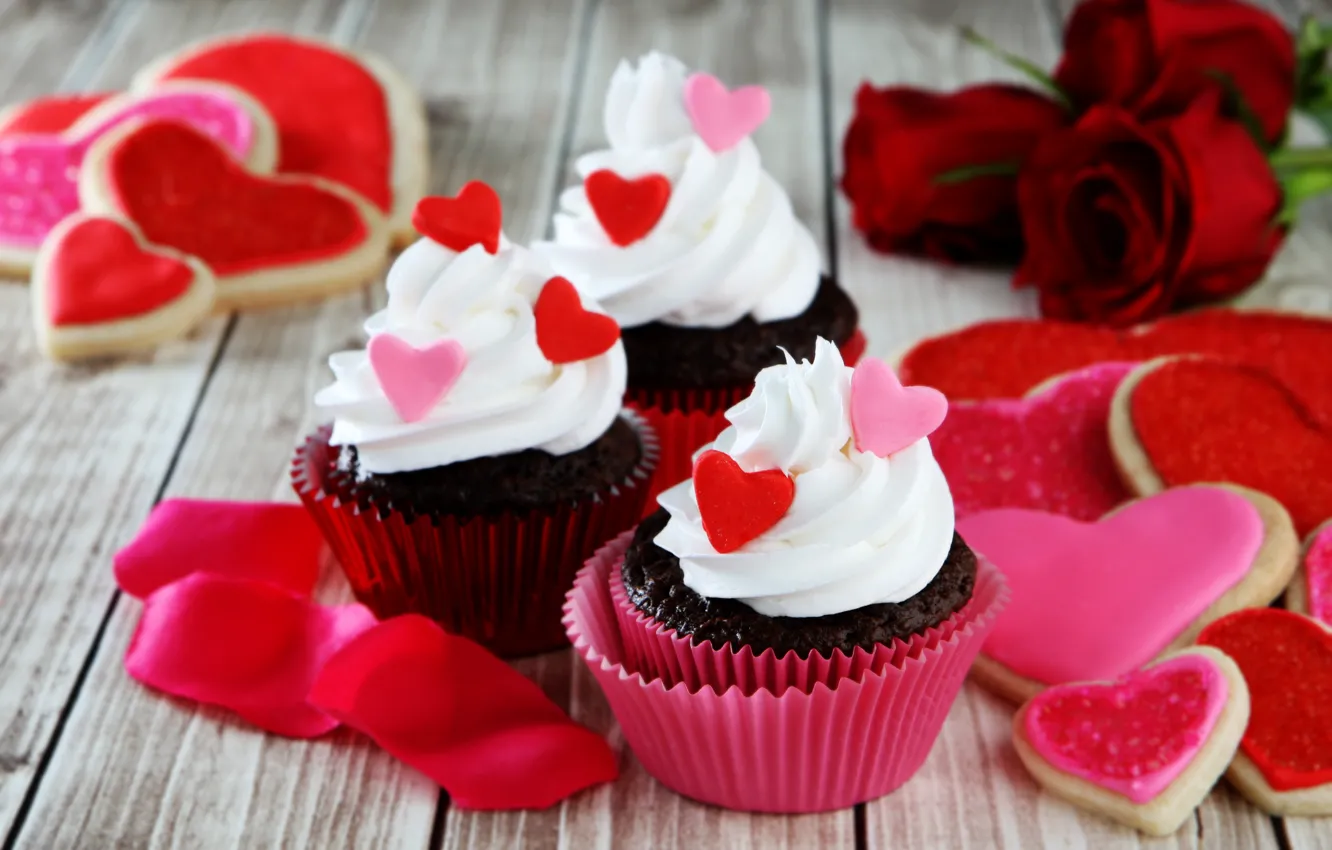 Фото обои розы, печенье, красные, love, крем, hearts, valentine's day, глазурь