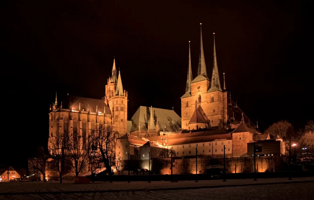 Фото обои ночь, огни, замок, Германия, Erfurt