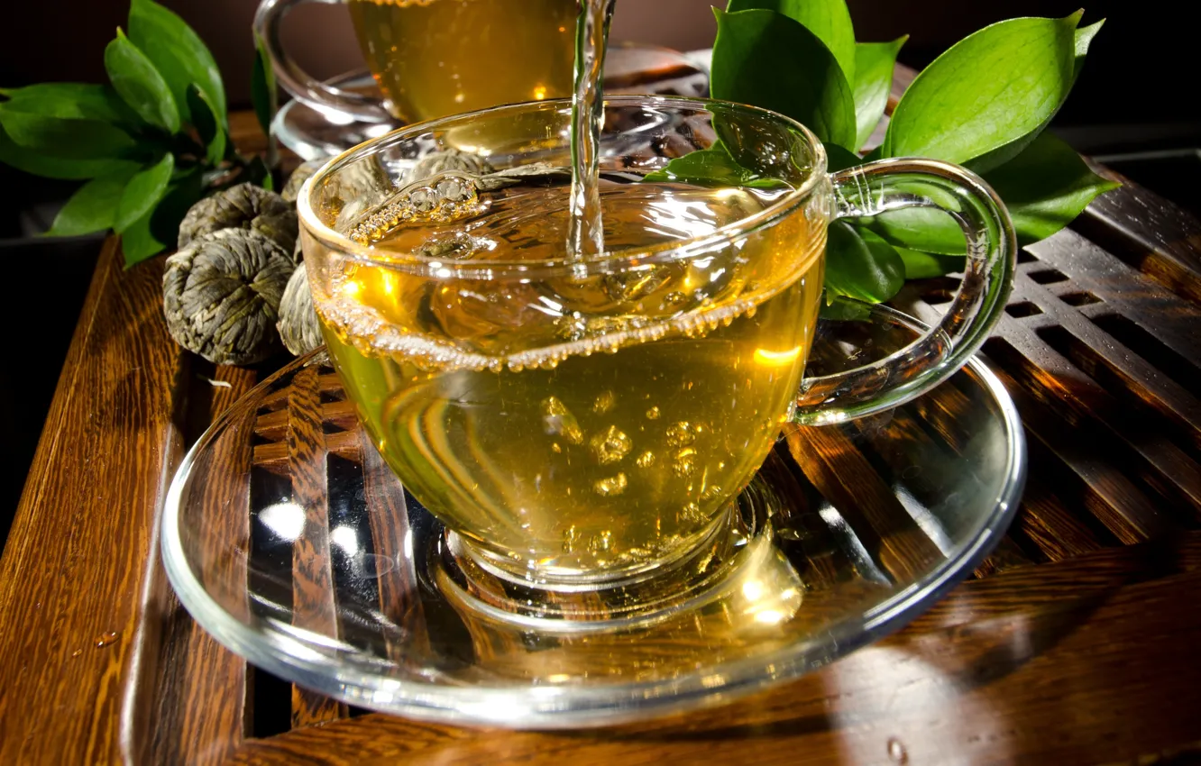 Фото обои листья, чай, напиток, блюдце