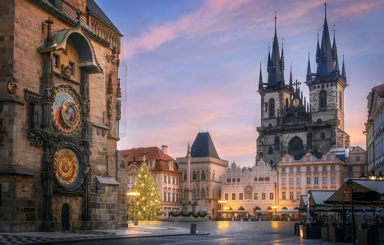 Фото обои город, праздник, здания, новый год, дома, рождество, Прага, Чехия
