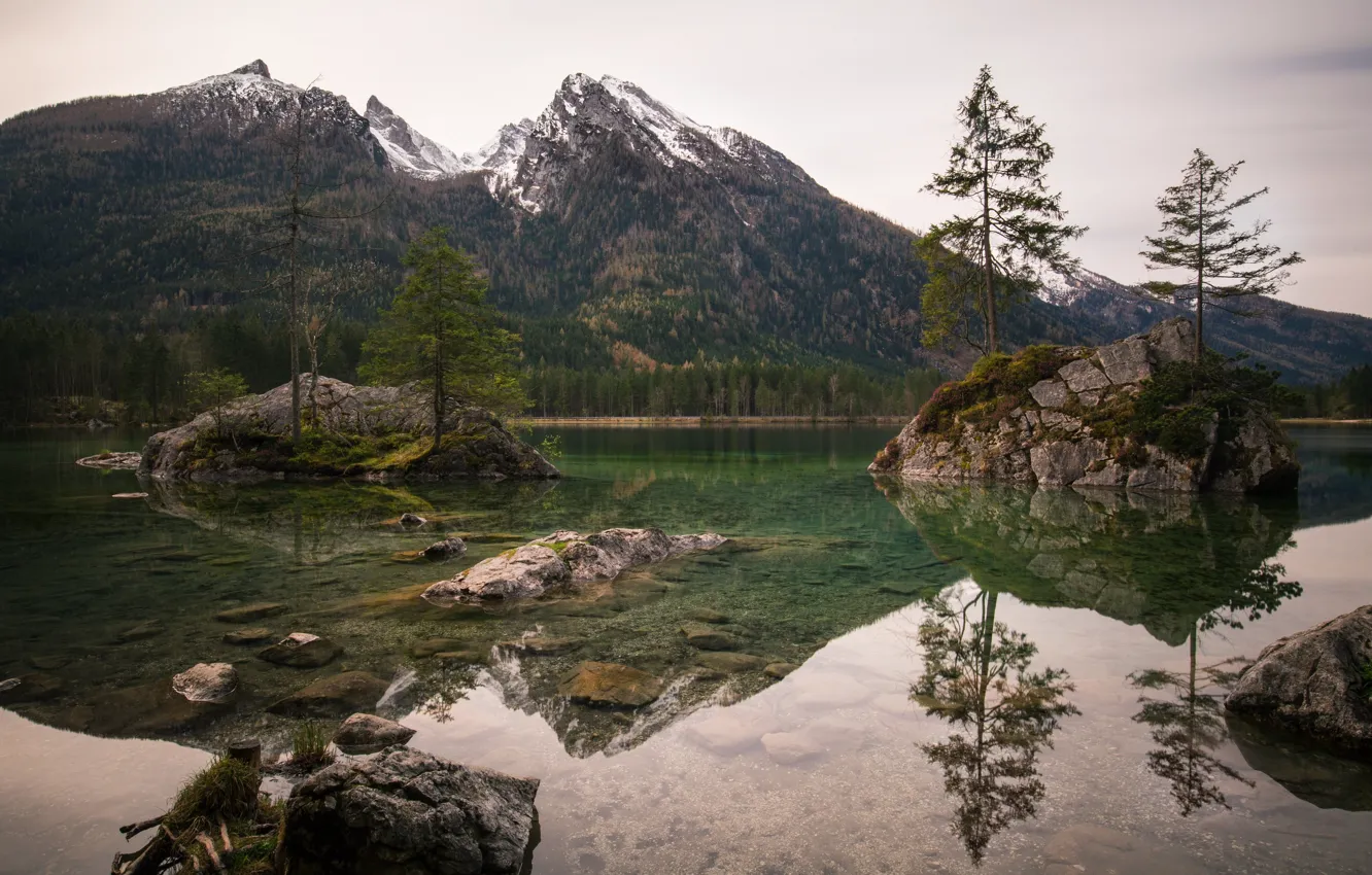 Фото обои деревья, горы, озеро, Германия, островки, Рамзау, Hintersee, Верхняя Бавария