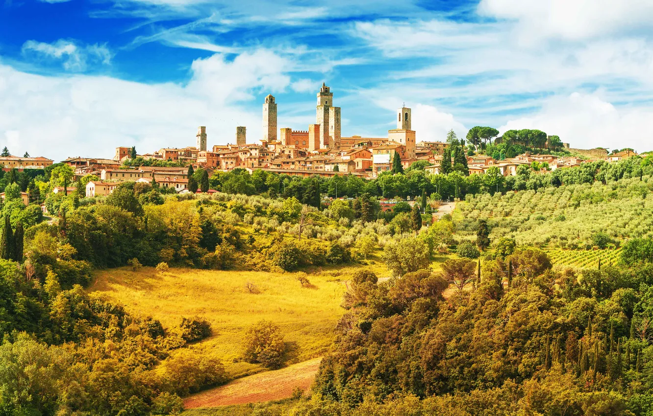 Фото обои landscape, nature, panorama, old, italy, meadow, medieval, landmark