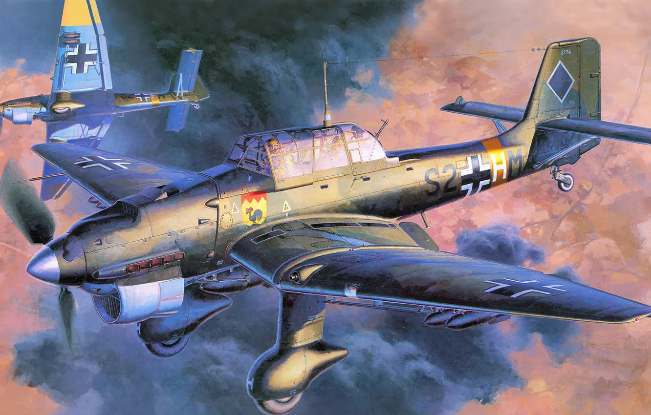 Фото обои рисунок, штука, лаптёжник, пикирующий бомбардировщик, Junkers, Sturzkampfflugzeug, Ju 87B-2