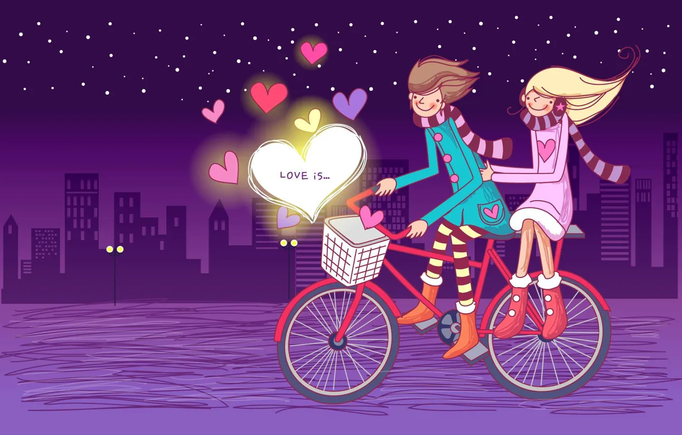 Фото обои звезды, ночь, велосипед, сердца, влюбленные, love is