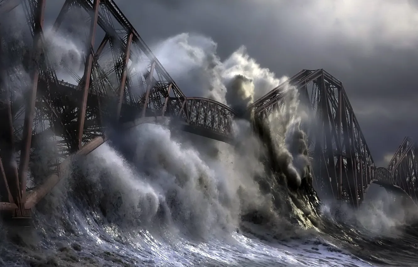 Фото обои шторм, мост, волна