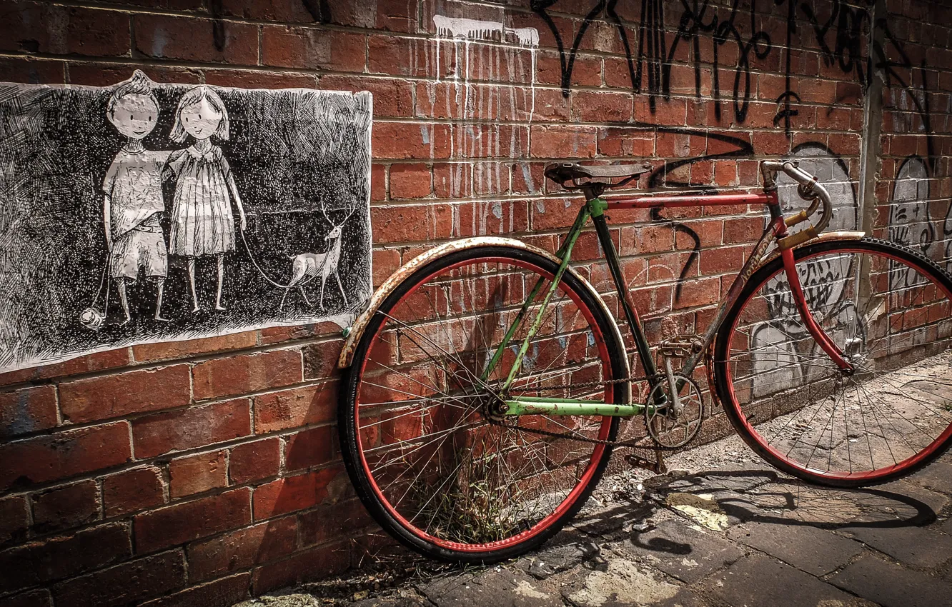 Фото обои велосипед, город, стена, улица