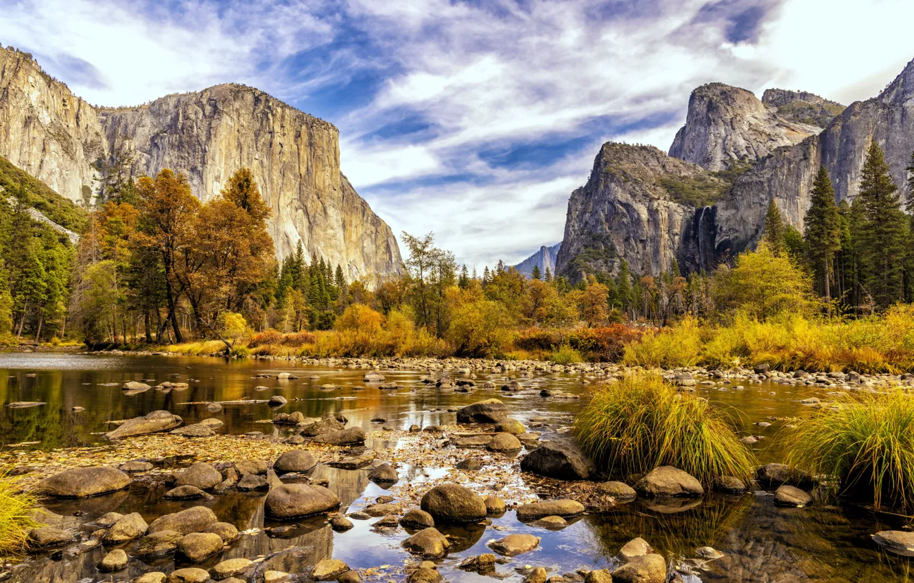 Фото обои Горы, Деревья, Калифорния, США, Речка, California, Национальный парк Йосемити, Yosemite National Park