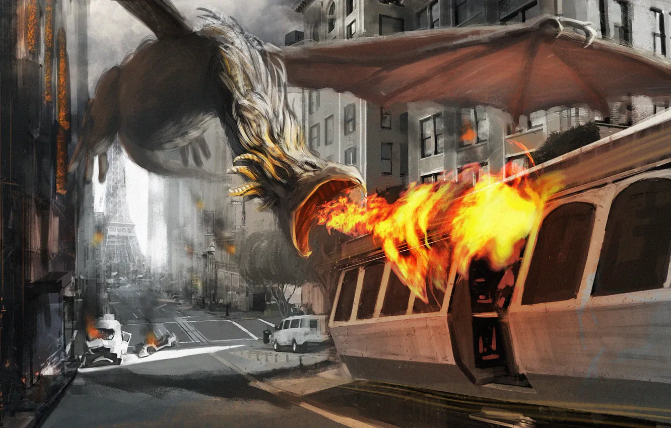 Фото обои город, огонь, дракон, эйфелева башня, париж, арт, нападение, трамвай