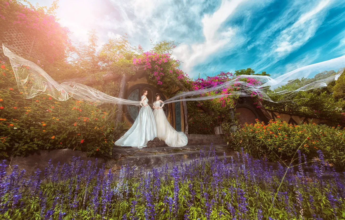 Фото обои лето, небо, девушка, облака, цветы, природа, синева, фон