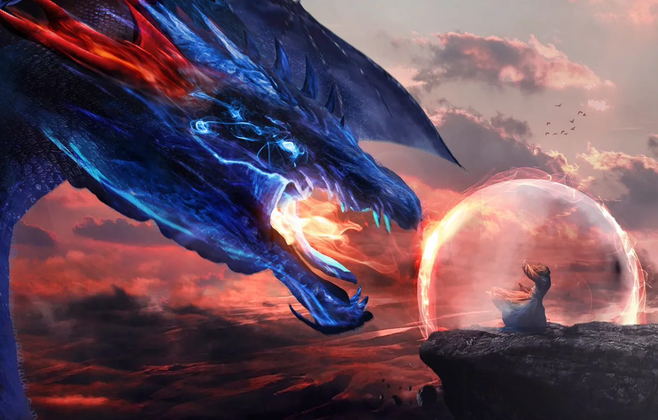 Фото обои небо, взгляд, скала, фантастика, огонь, дракон, крылья, арт