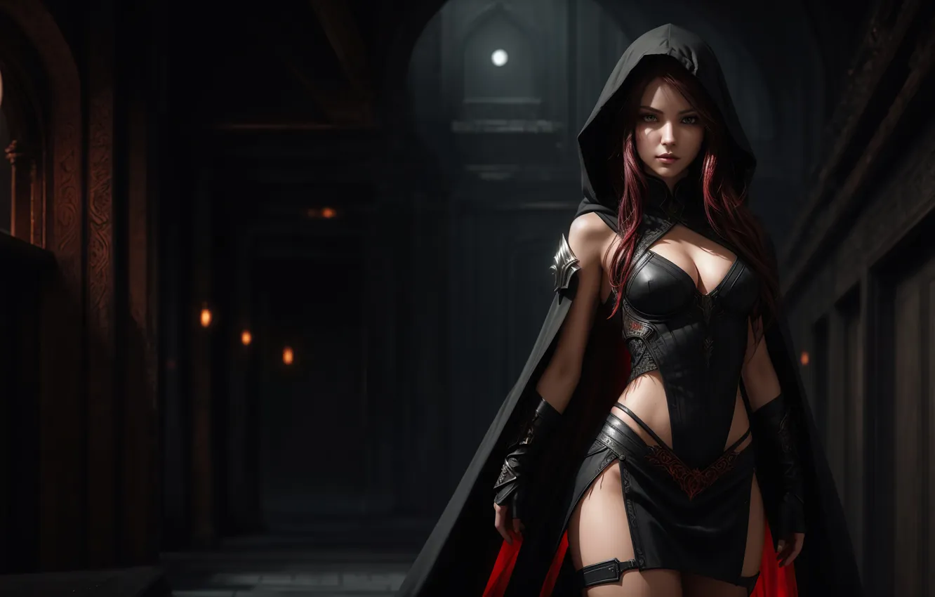 Фото обои girl, fantasy, red hair, art, digital art, fantasy art, hood, stand