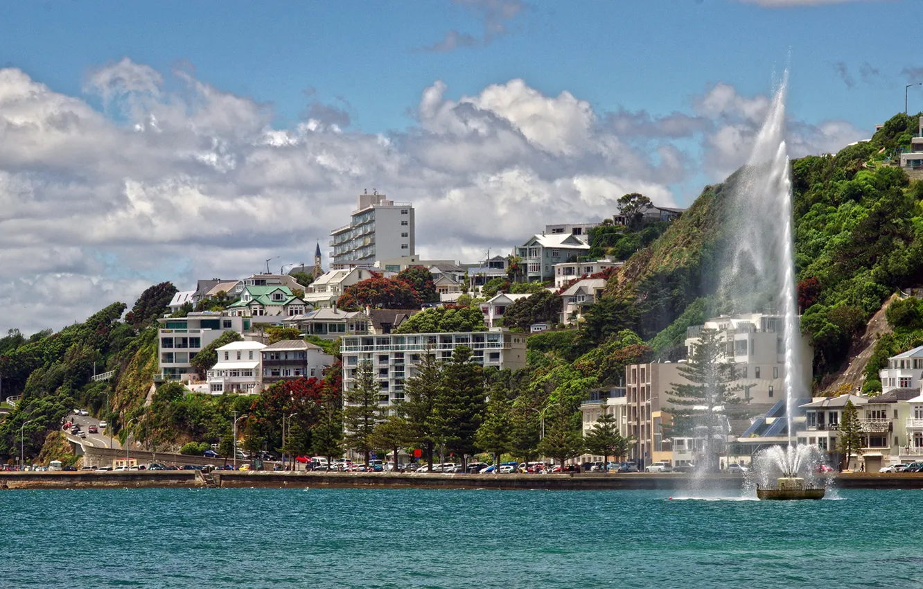 Фото обои дорога, море, горы, дома, Новая Зеландия, фонтан, отели