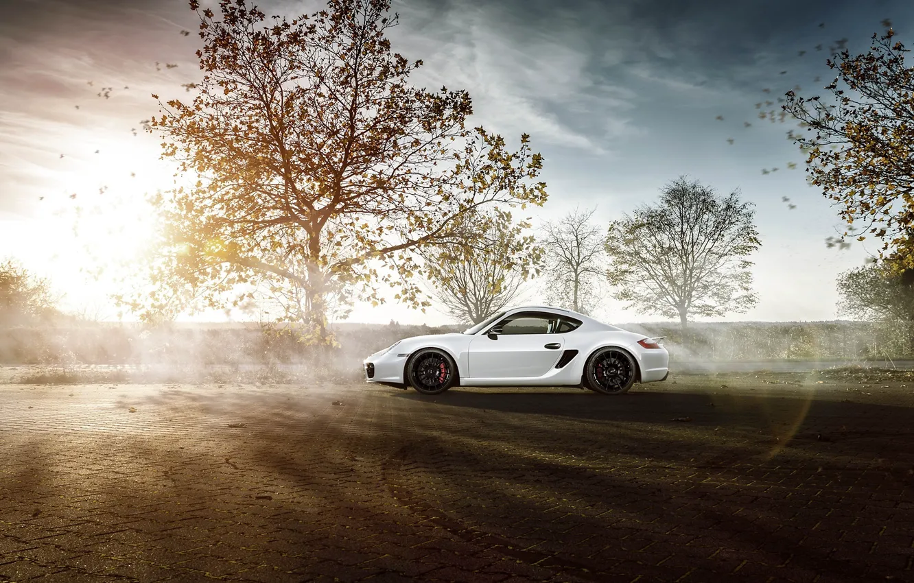 Фото обои Porsche, Sky, Sun, White, Side, Supercar, Cayman S, Skid