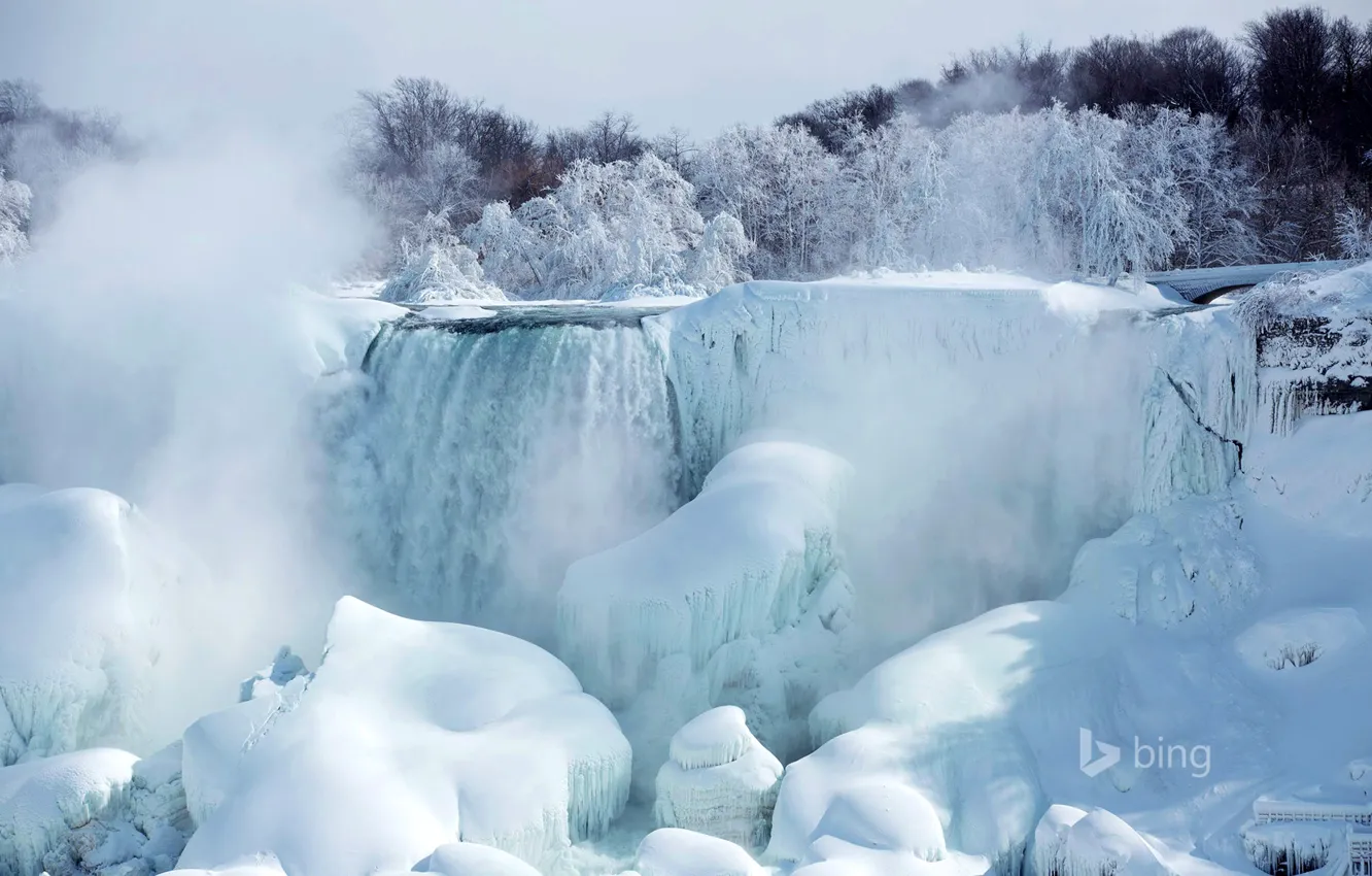 Фото обои лед, снег, деревья, река, Ниагара, Канада, Онтарио, Американский водопад