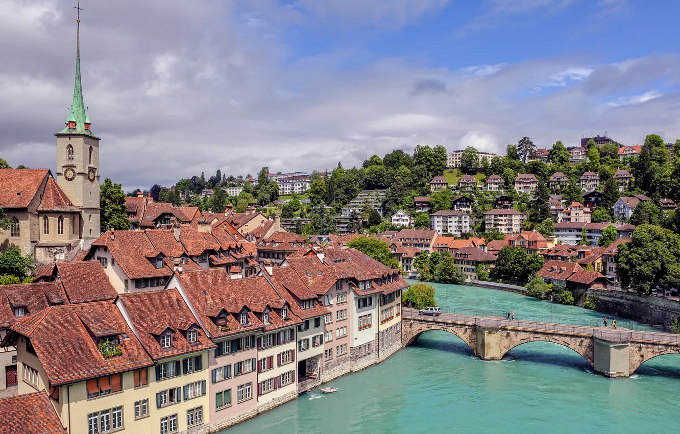 Фото обои мост, река, здания, Швейцария, Switzerland, Берн, Bern, Aare river