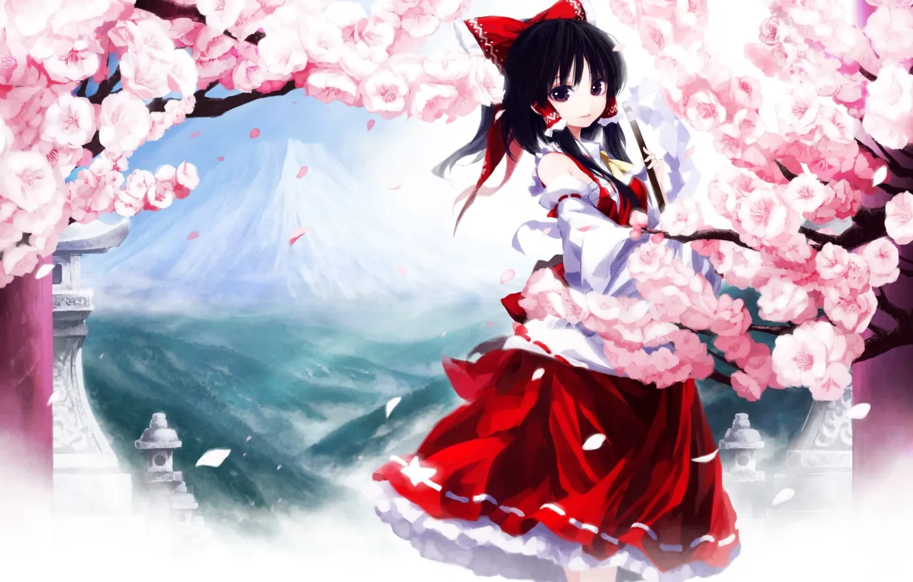 Фото обои девушка, цветы, кимоно, бантик, длинные волосы