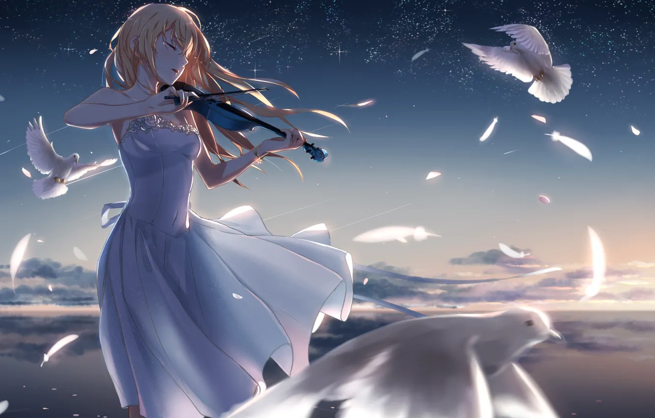 Фото обои девушка, звезды, скрипка, перья, голуби, phantania, Shigatsu wa Kimi no Uso, Твоя апрельская ложь