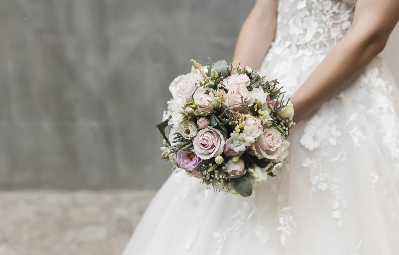 Фото обои девушка, букет, платье, невеста, свадьба