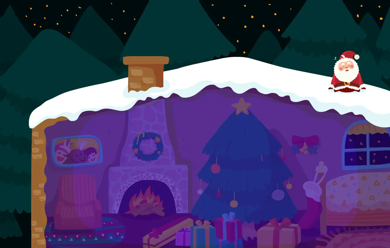 Фото обои зима, крыша, снег, ночь, праздник, вектор, арт, Новый год