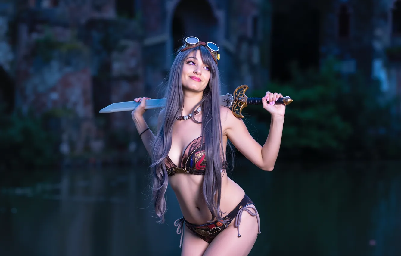 Фото обои sword, fantasy, photography, woman, night, purple eyes, cosplay, digital art