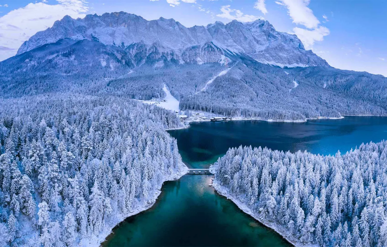 Фото обои зима, Германия, Бавария, озеро Айбзе, гора Цугшпитце