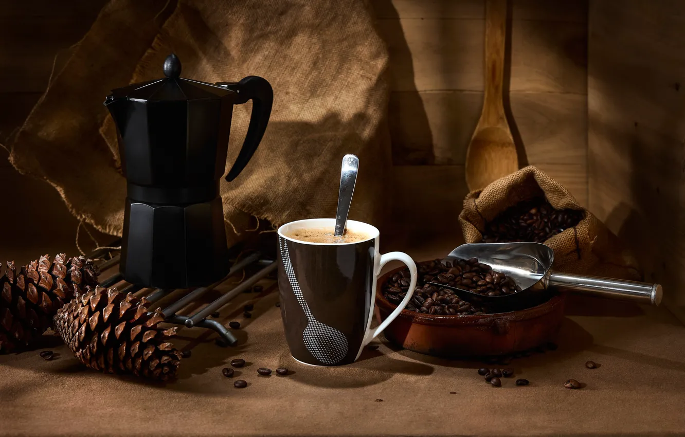Фото обои стиль, кофе, кружка, натюрморт, шишки, кофейные зёрна, кофеварка, совок