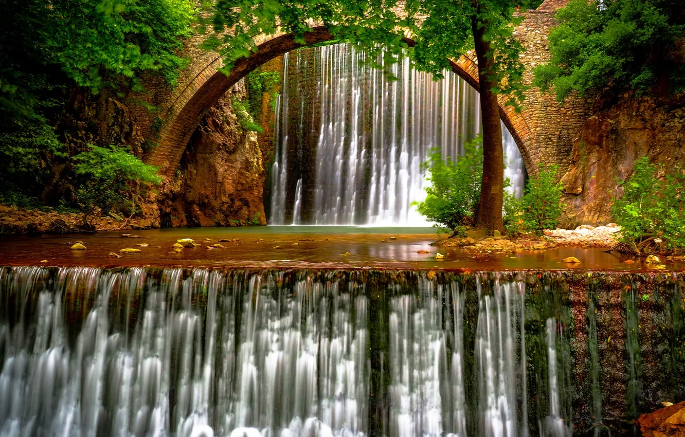 Фото обои деревья, мост, река, Греция, водопады, Greece, Thessaly, Фессалия
