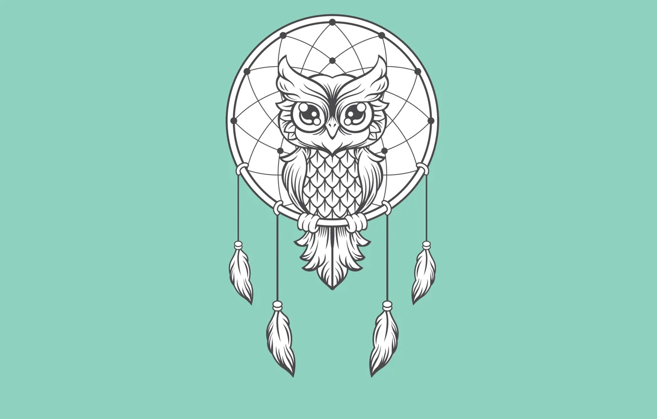 Фото обои сова, птица, минимализм, светлый фон, owl, ловец снов, dreamcatcher, dream catcher