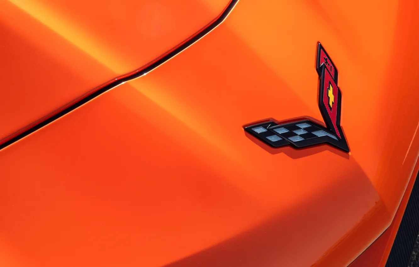 Фото обои оранжевый, Corvette, Chevrolet, эмблема, ZR1, 2019