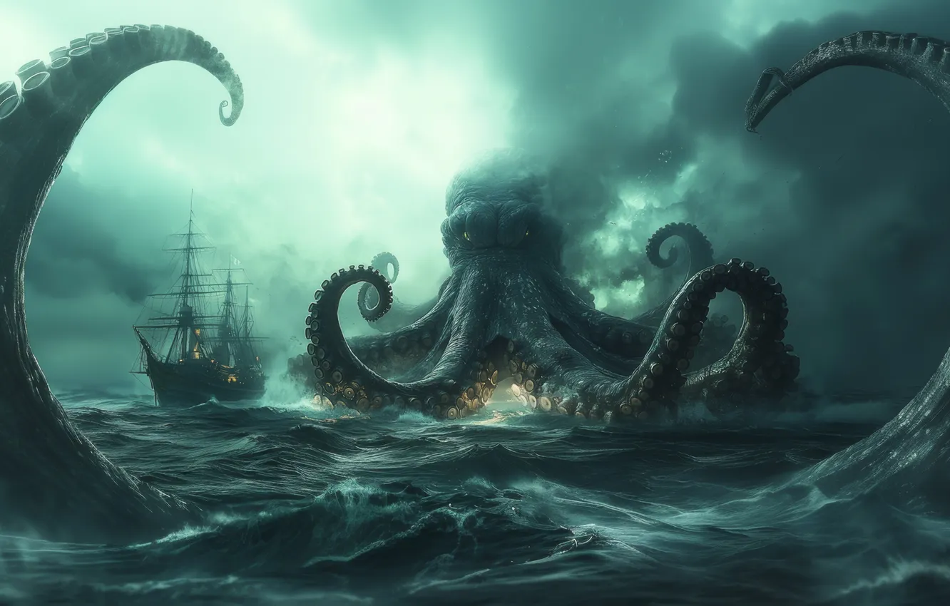Фото обои Море, Корабль, Парусник, Цифровое искусство, Морское чудовище, ИИ-арт, Искусство искусственного интеллекта, Нейросеть
