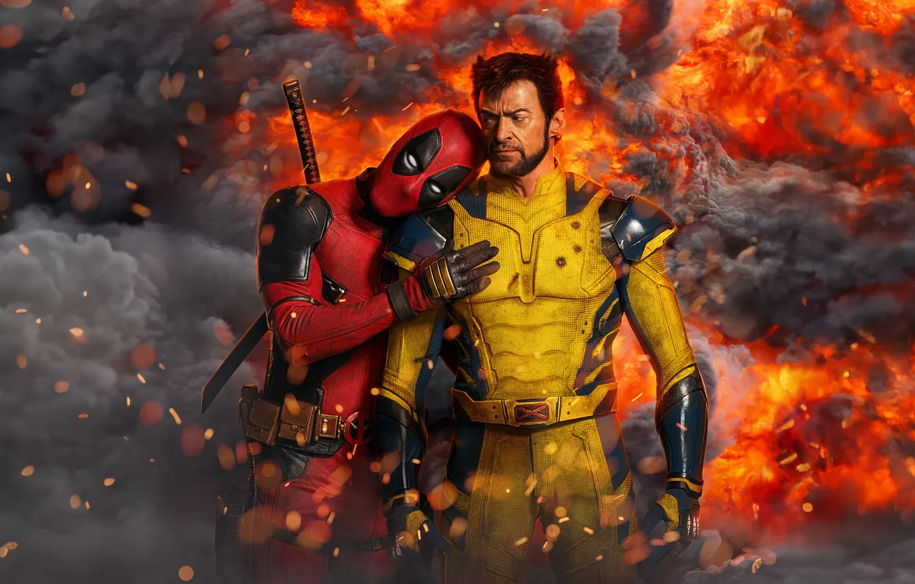 Фото обои fire, Ryan Reynolds, Wolverine, Hugh Jackman, smoke, marvel, Deadpool, Deadpool & Wolverine