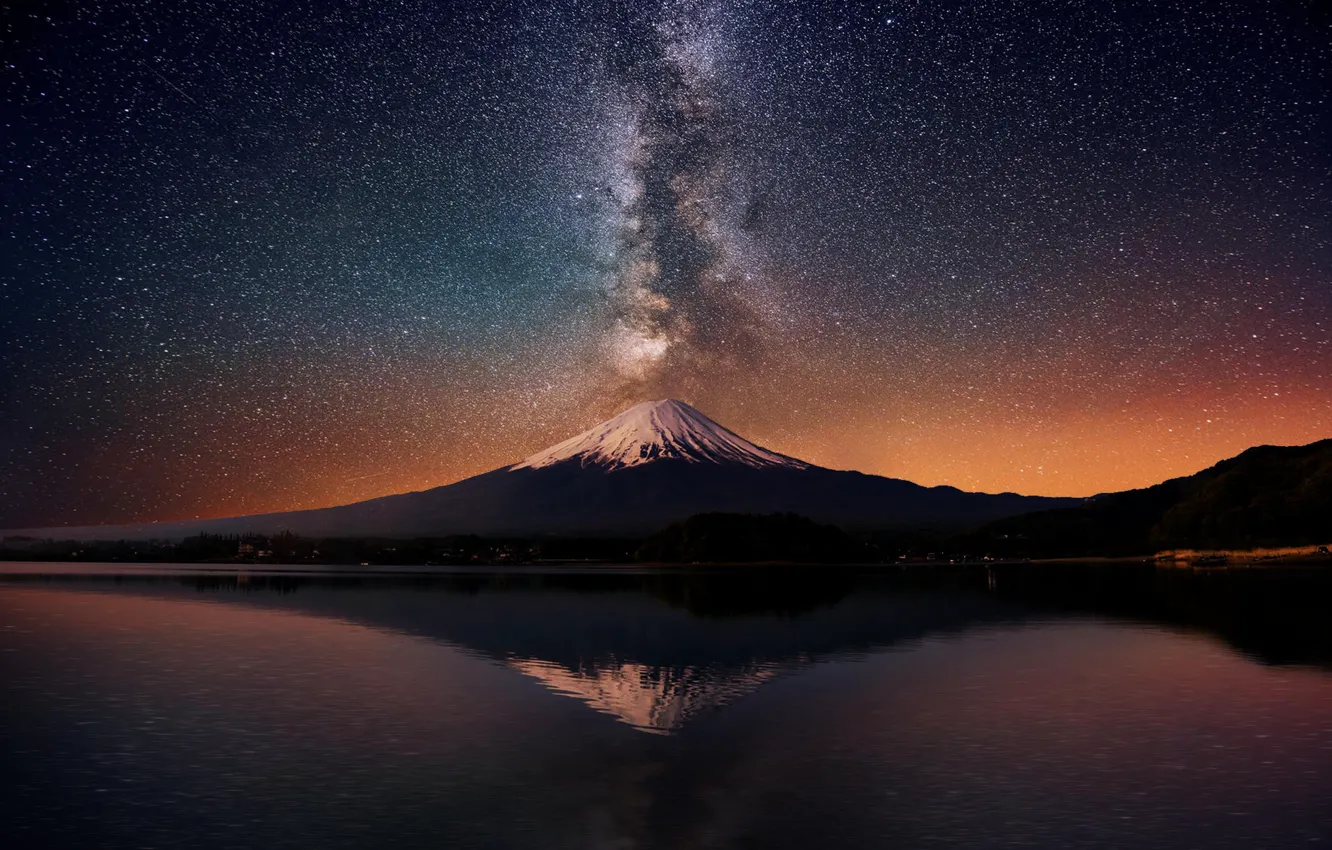 Фото обои звезды, ночь, озеро, отражение, гора, вулкан, Новая Зеландия, млечный путь