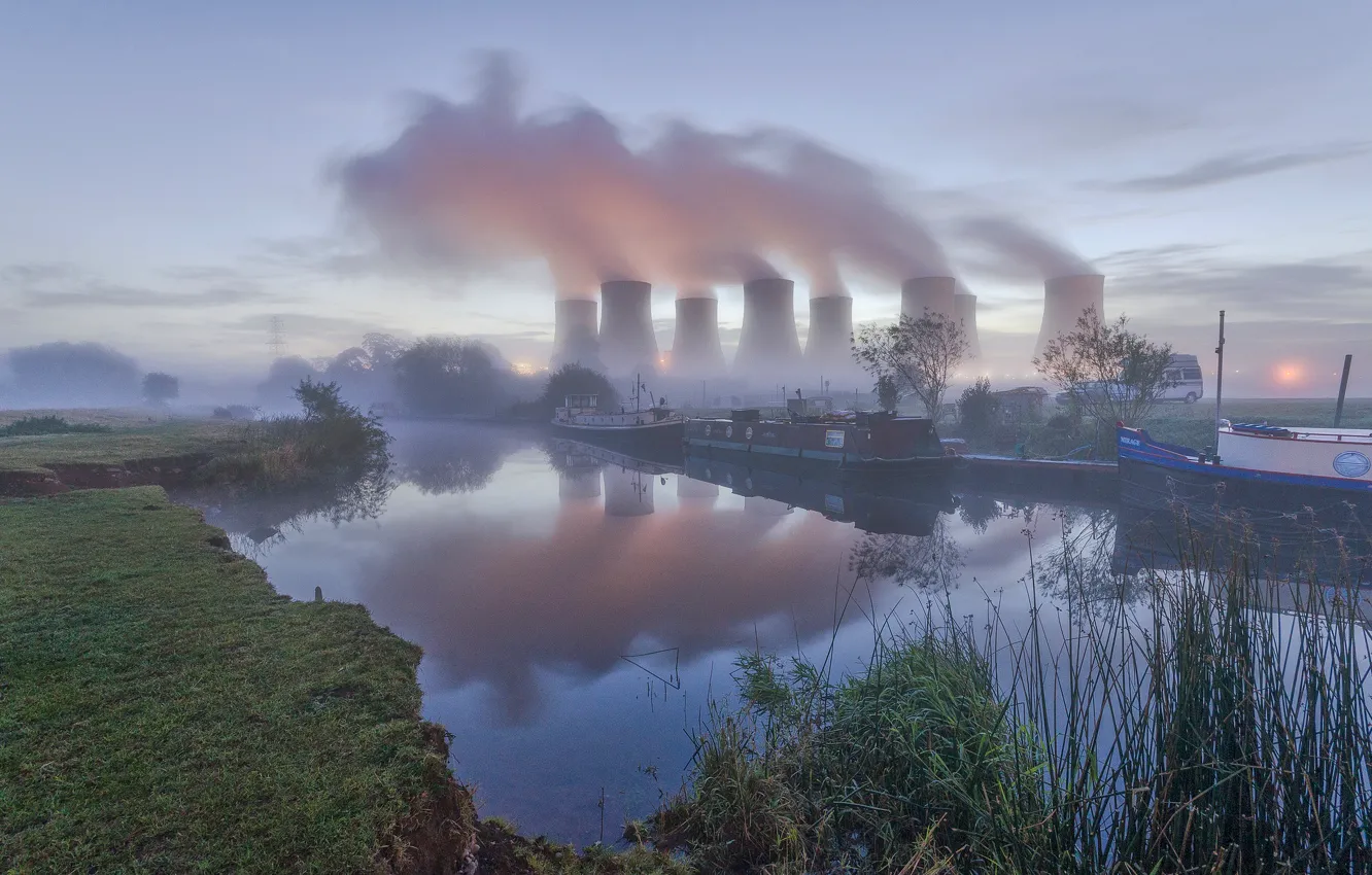 Фото обои река, Англия, пар, градирня, Ноттингем, электростанция Ратклифф