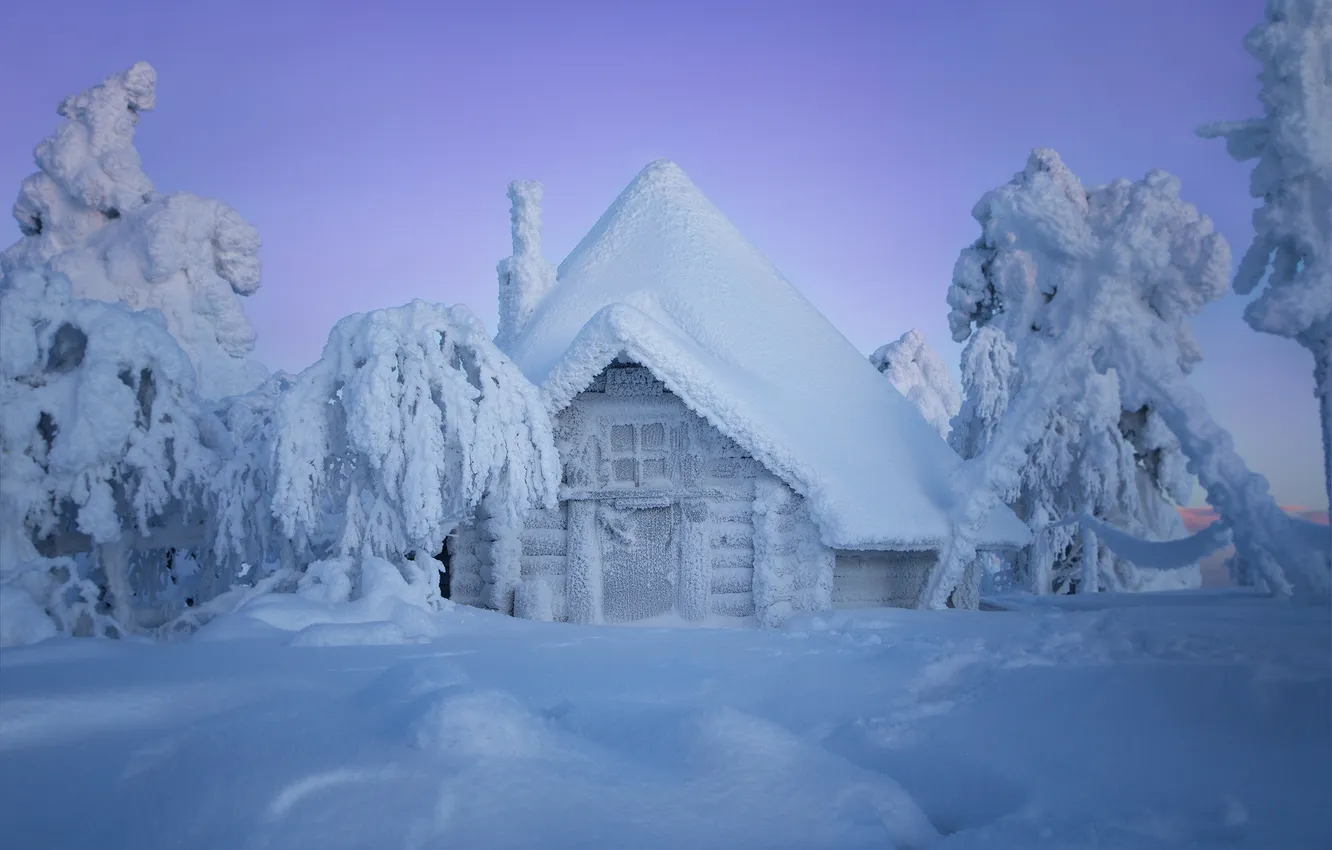 Фото обои зима, снег, деревья, избушка, сугробы, хижина, Финляндия, Finland