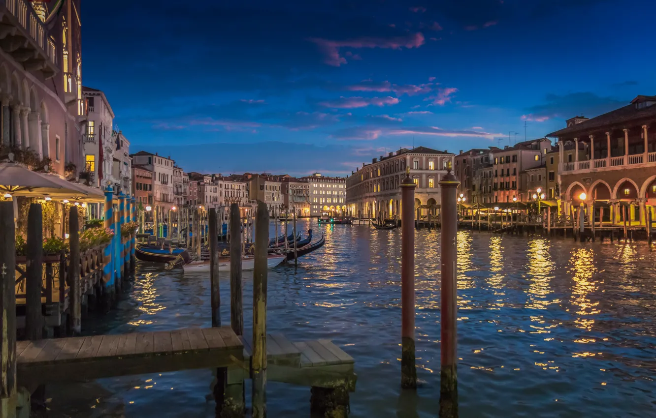 Фото обои огни, дома, вечер, Италия, Венеция, канал