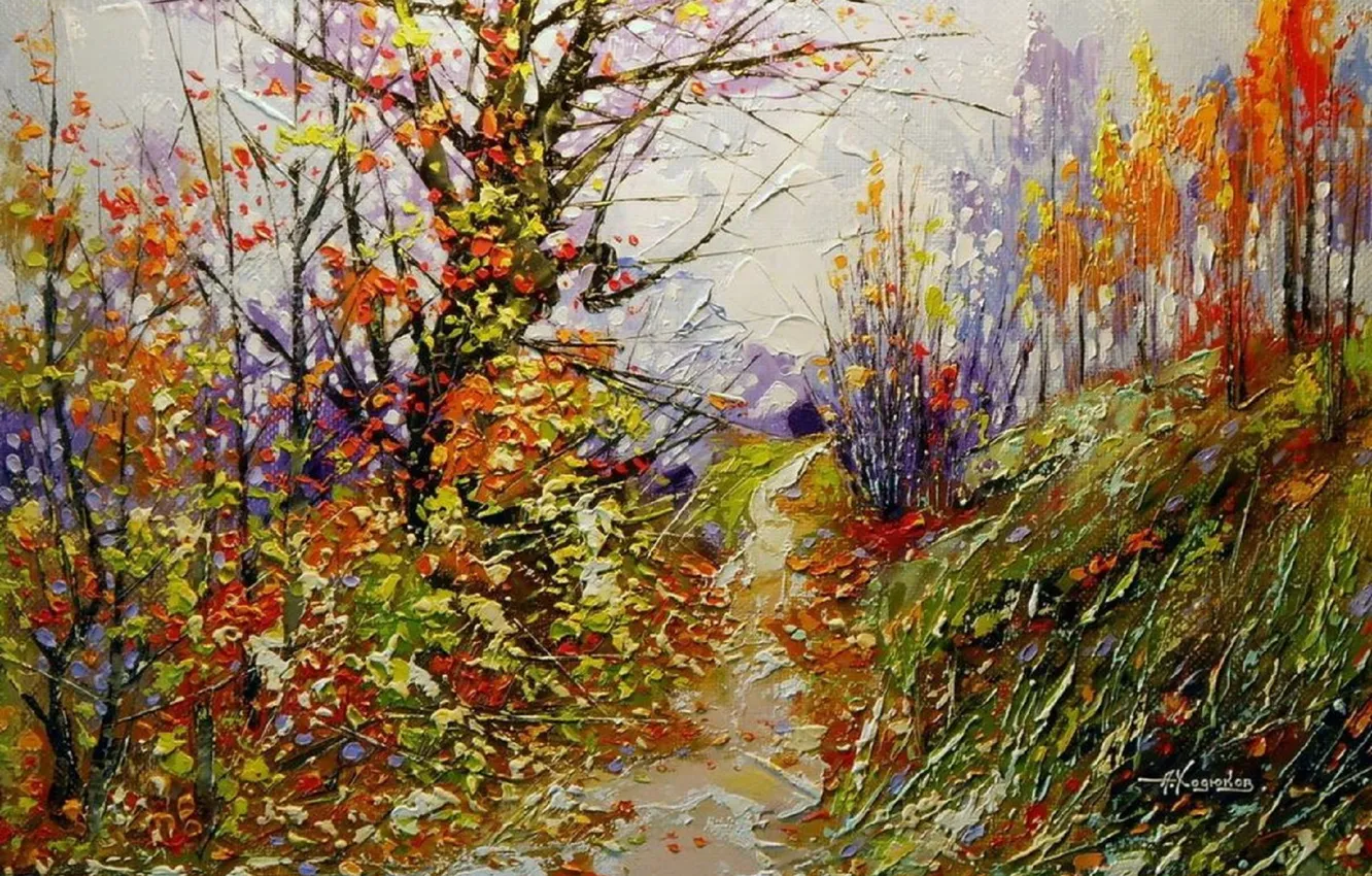 Фото обои осень, лес, деревья, пейзаж, листва, картина, живопись, тропинка