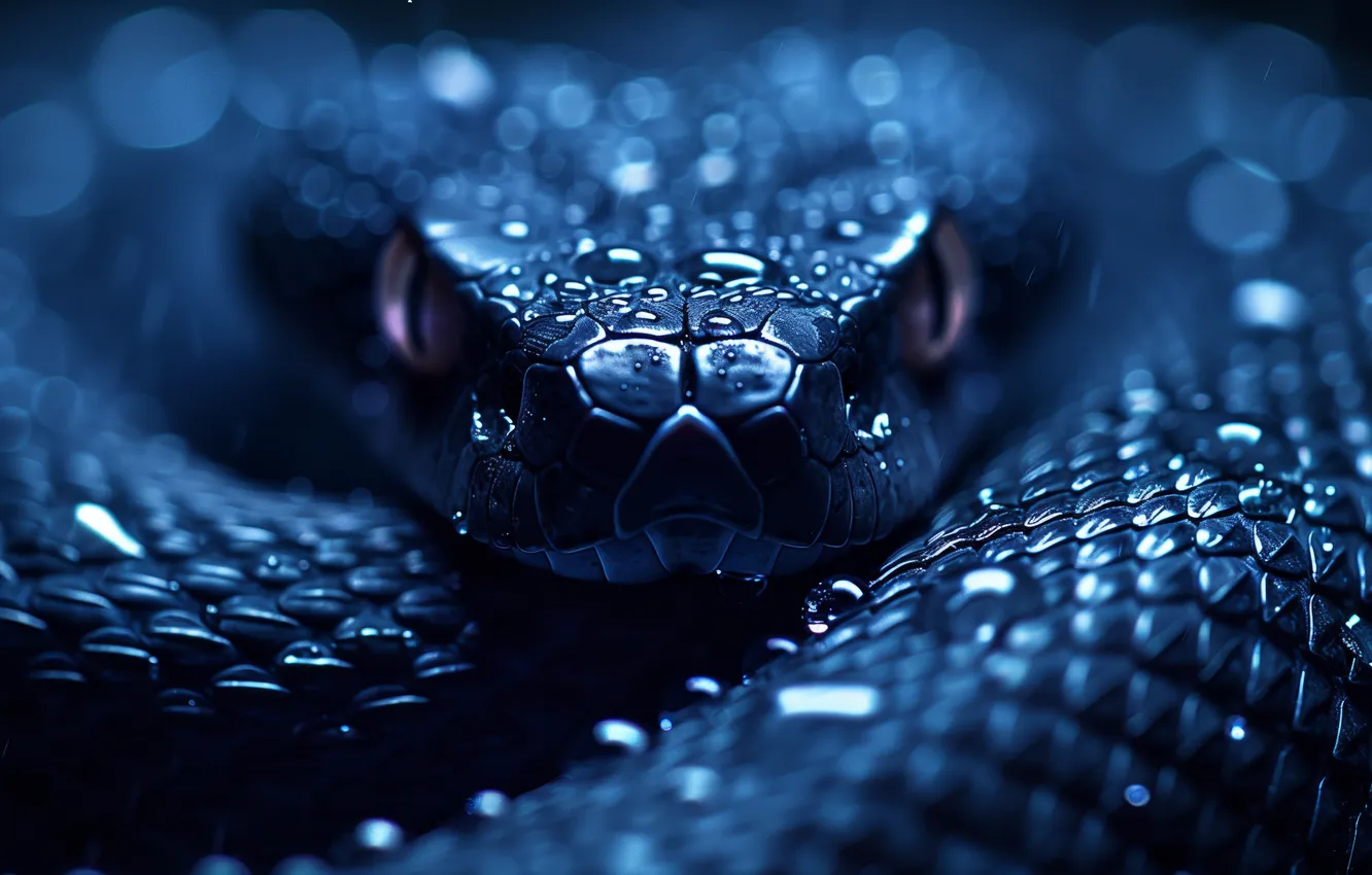Фото обои black, snake, water drops, closeup, AI art