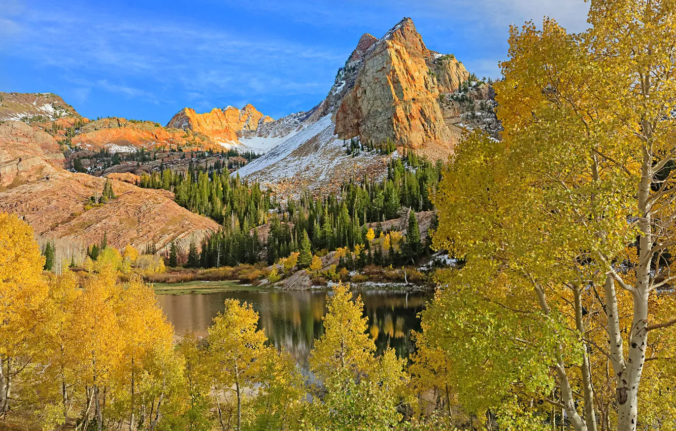Фото обои осень, снег, деревья, горы, природа, озеро, Юта, США