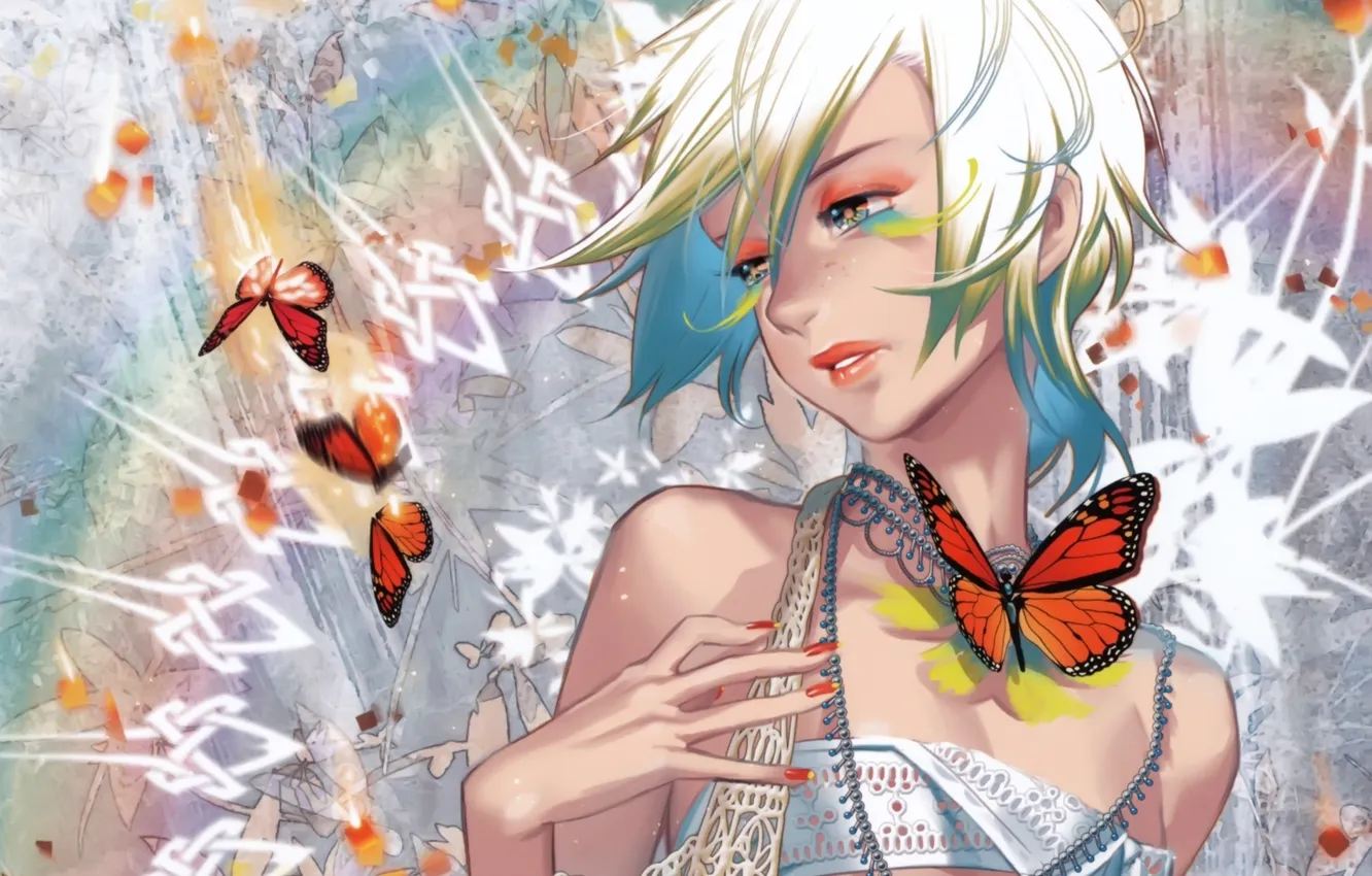 Фото обои девушка, бабочка, рука, блондинка, midori foo (artist)