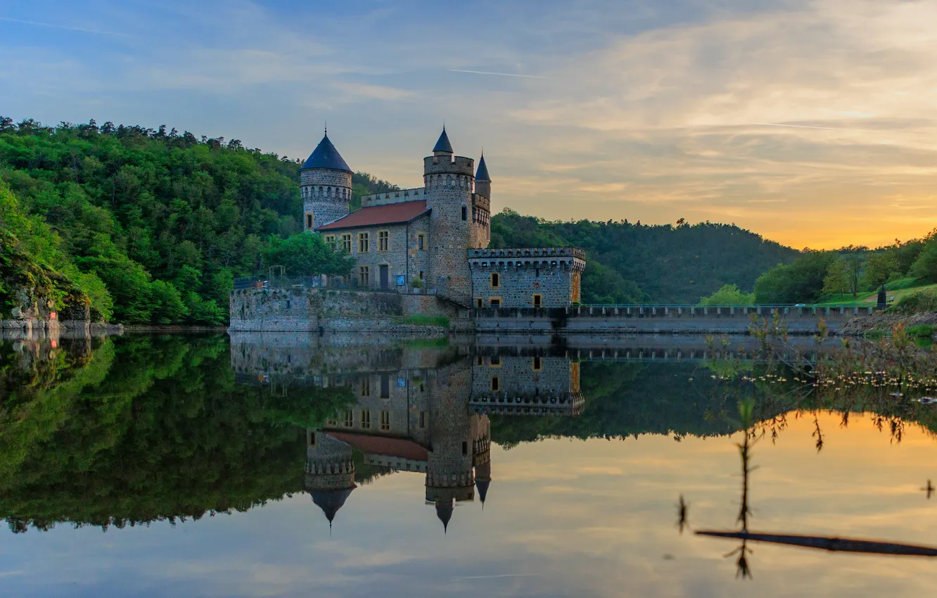 Фото обои лес, мост, отражение, река, замок, Франция, France, Loire River
