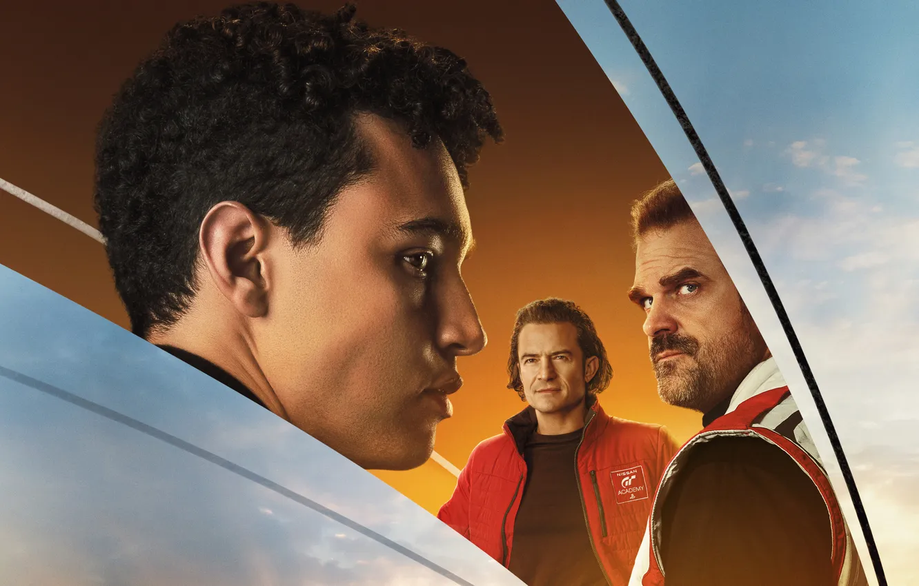 Фото обои спорт, гонки, постер, персонажи, Орландо Блум, Orlando Bloom, Gran Turismo, David Harbour