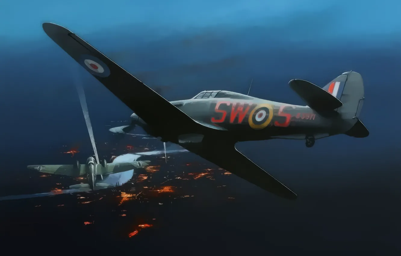 Фото обои war, art, painting, aviation, drawing, ww2, Hurricane Mk.IIC, Heinkel 111