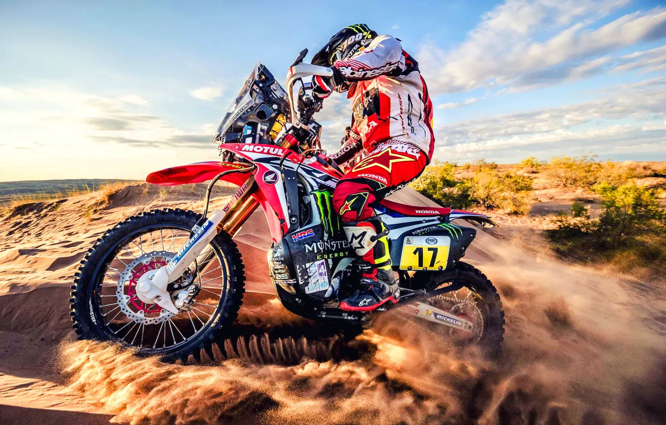 Фото обои Песок, Спорт, Скорость, Мотоцикл, Гонщик, Мото, Honda, Rally